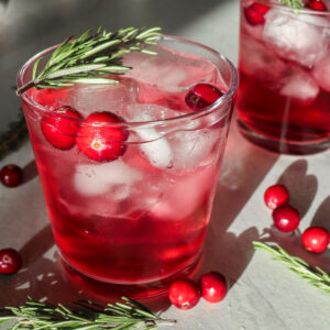 vodka spritzer with cranberry juice and rosemary simple syrup