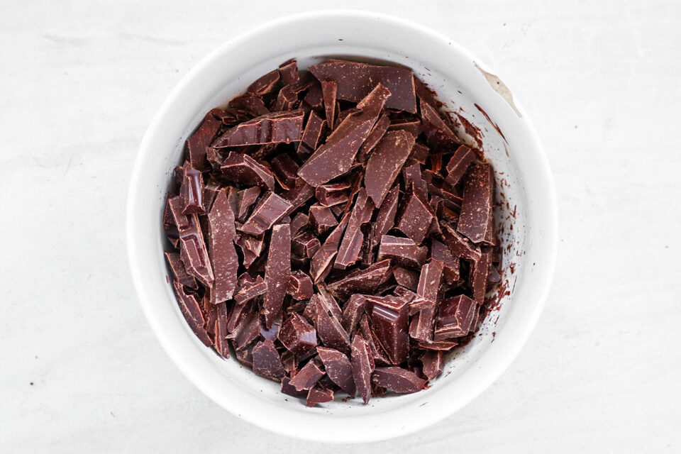 bittersweet chocolate chopped up in a bowl