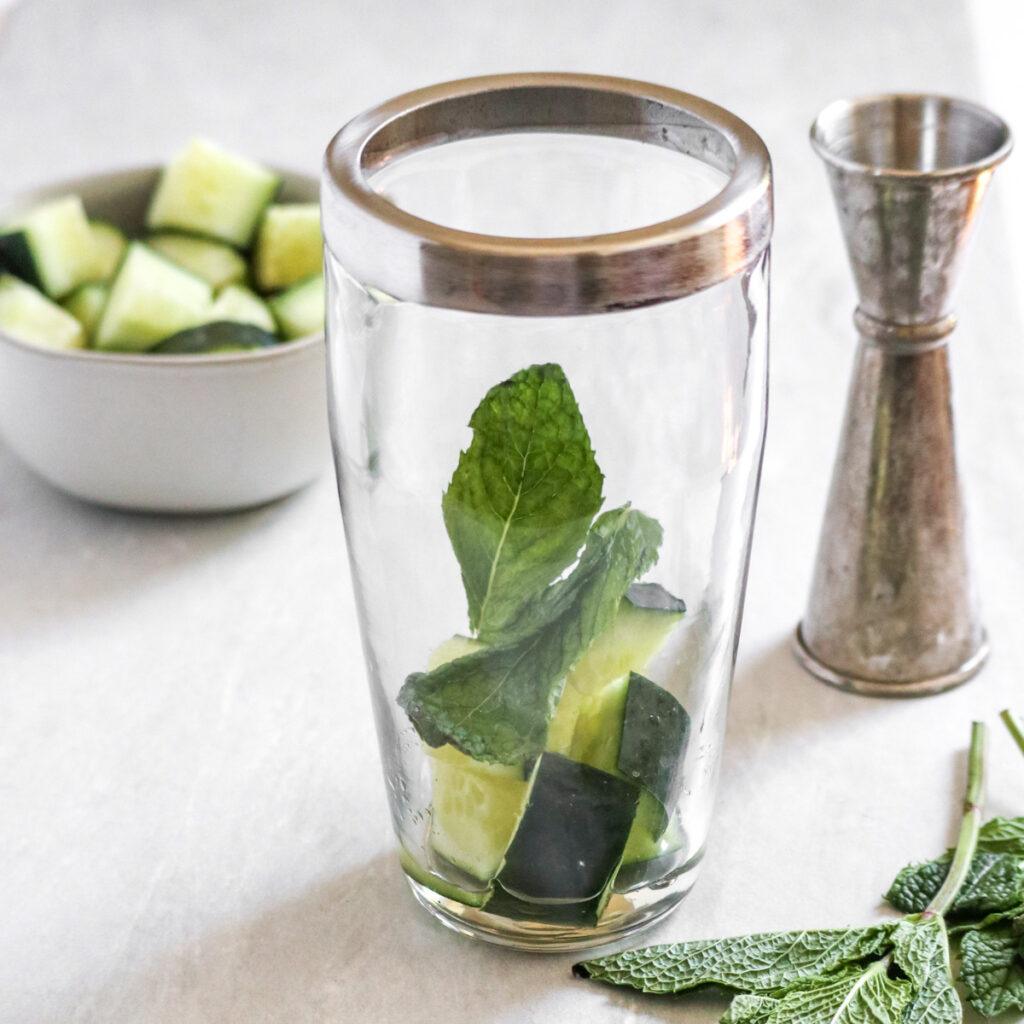 step 1: add cucumber, mint, and simple syrup to shaker